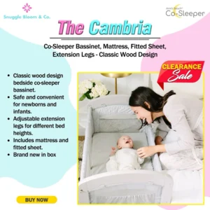 Cambria Bassinet, Mattress, Fitted Sheet, Extension Legs- Classic Wood Design